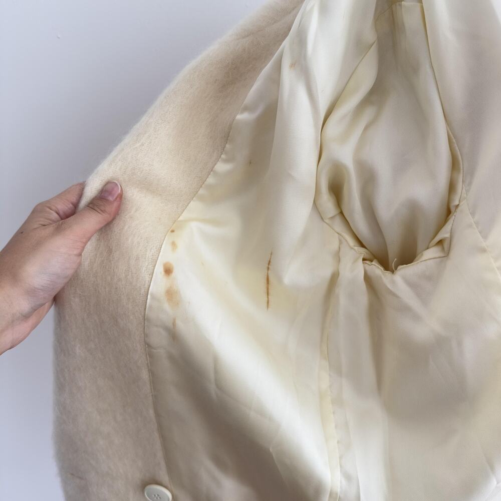 Vintage Fuzzy Mohair Coat Womens M/L Cream Double Breasted Military USA Made 80s - Picture 8 of 10